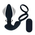 Dual Vibrating Remote Rotating Beads Silicone Prostate Stimulator with Cock and Ball Ring - Black