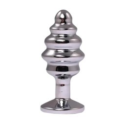 Silver medium ribbed butt plug with red crystal